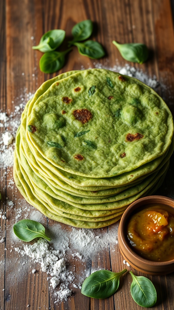 Freshly made spinach tortillas stacked on a wooden surface, with flour and spinach leaves surrounding them, accompanied by salsa.